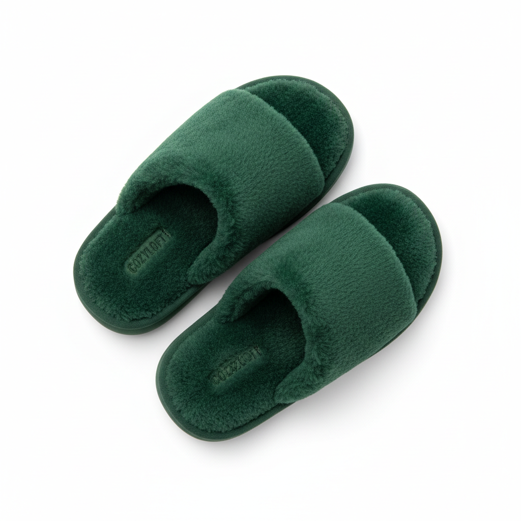 Forest Green Fluffy Home Slippers - Top View