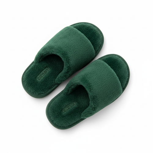 Forest Green Fluffy Home Slippers - Top View