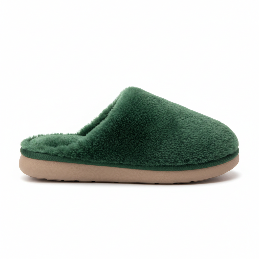 Forest Green Fluffy Home Slippers - Side View