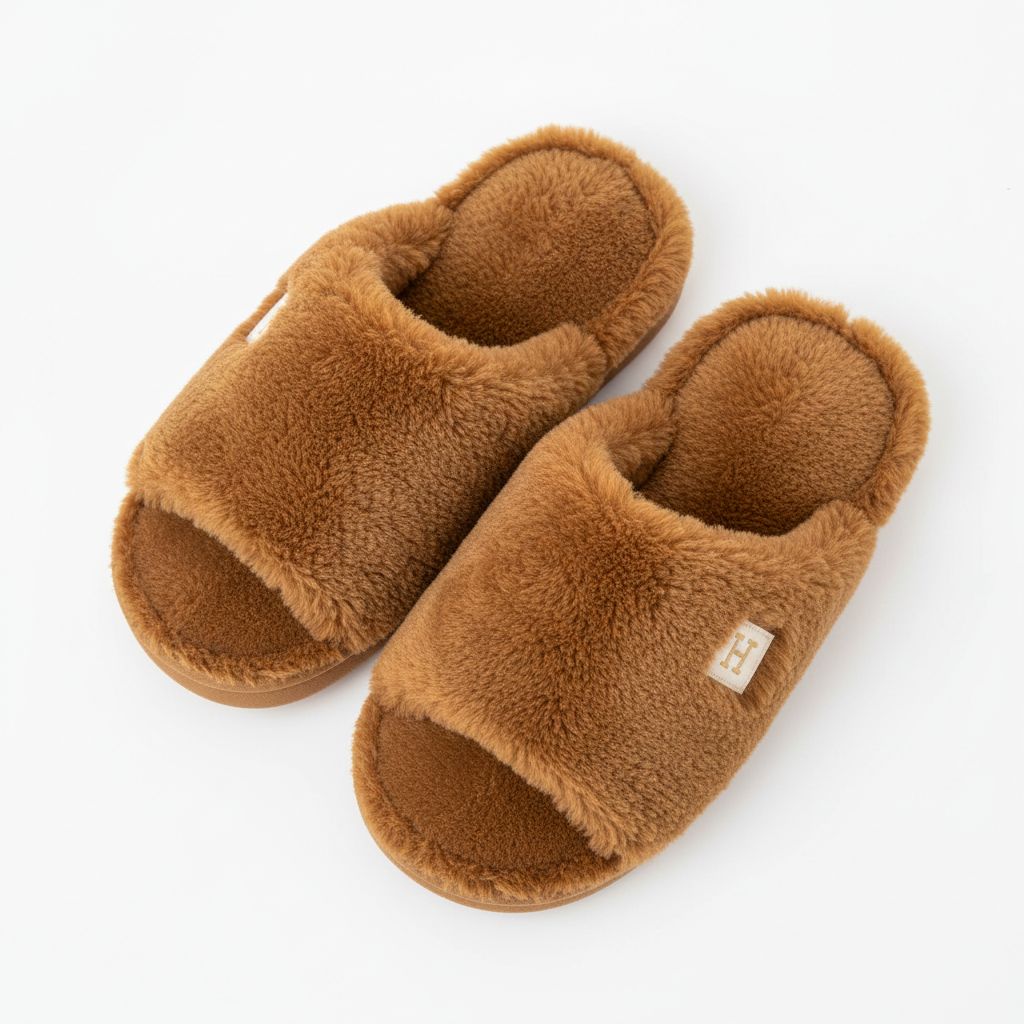 Caramel Brown Fluffy Home Slippers - Top View