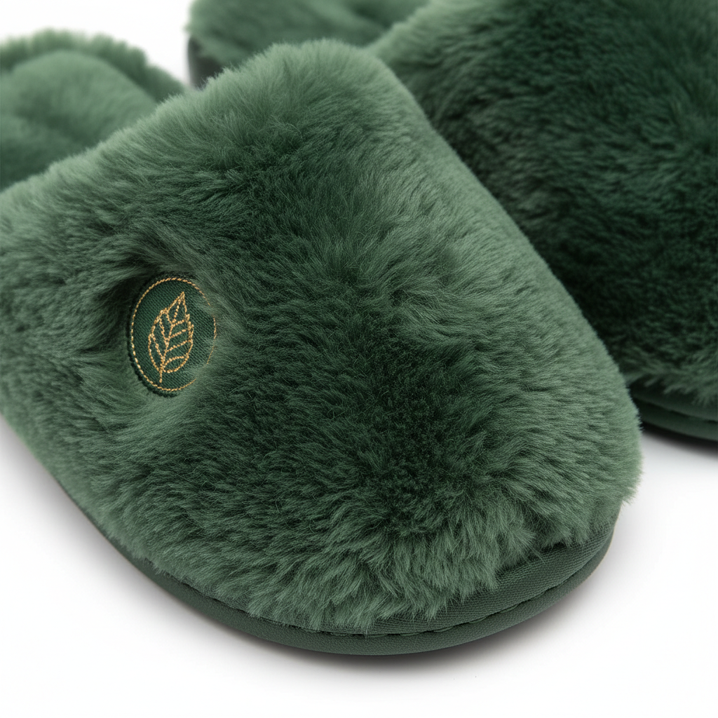Forest Green Fluffy Home Slippers - Detail