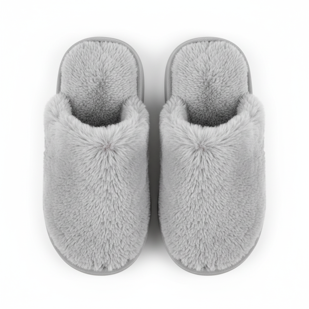 Light Gray Fluffy Home Slippers - Top View