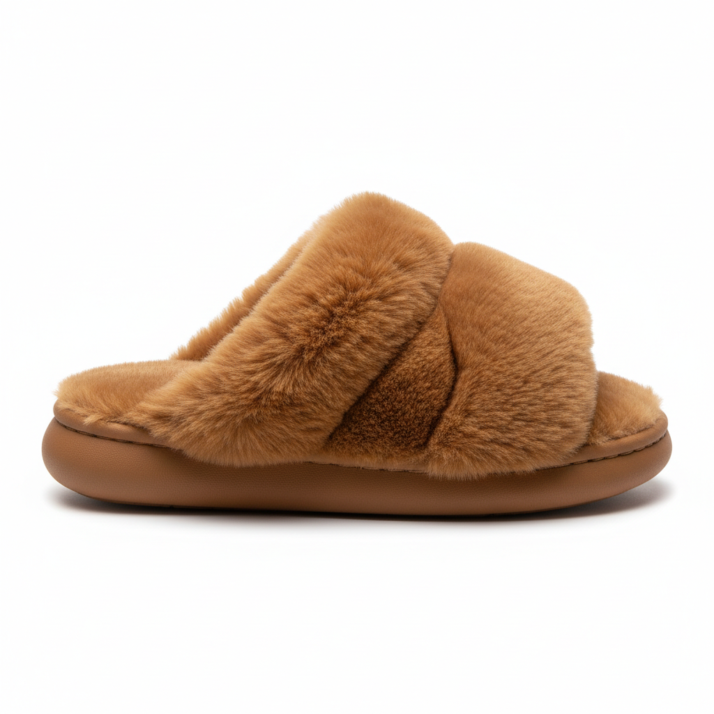Caramel Brown Fluffy Home Slippers - Side View