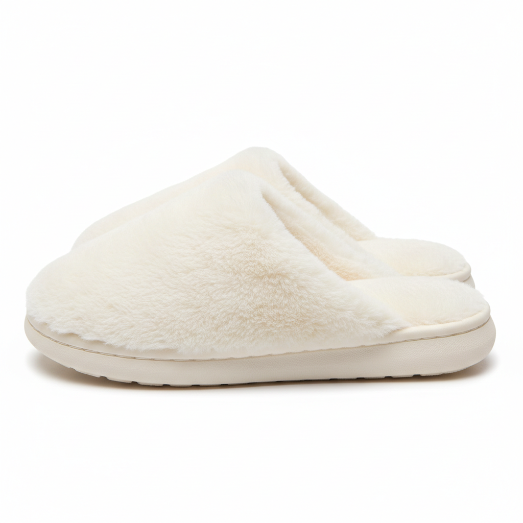Cream White Fluffy Home Slippers - Side View