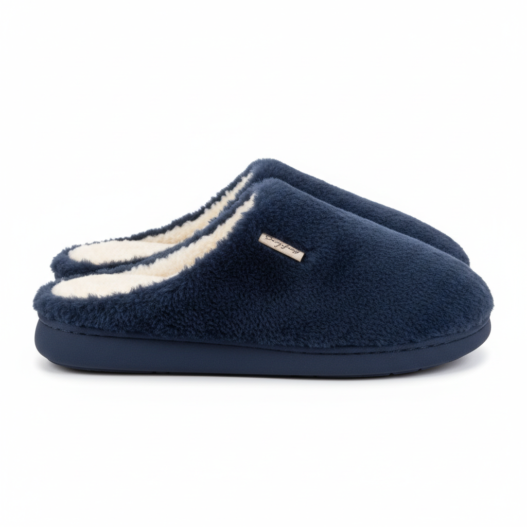 Navy Blue Fluffy Home Slippers - Side View