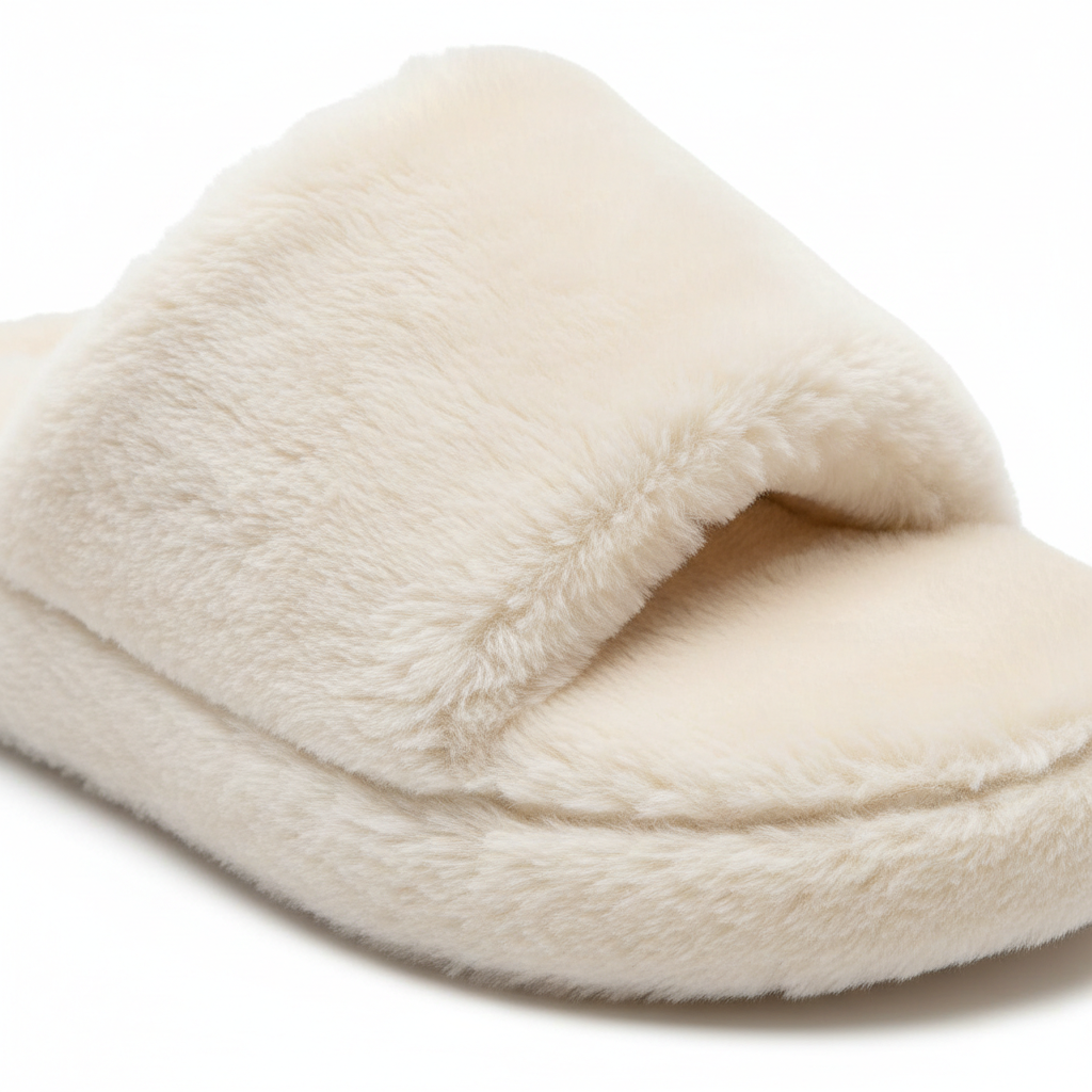 Cream White Fluffy Home Slippers - Detail