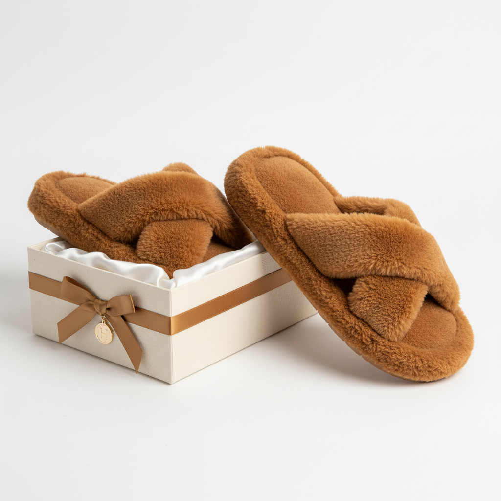 Caramel Brown Fluffy Home Slippers - Packaging