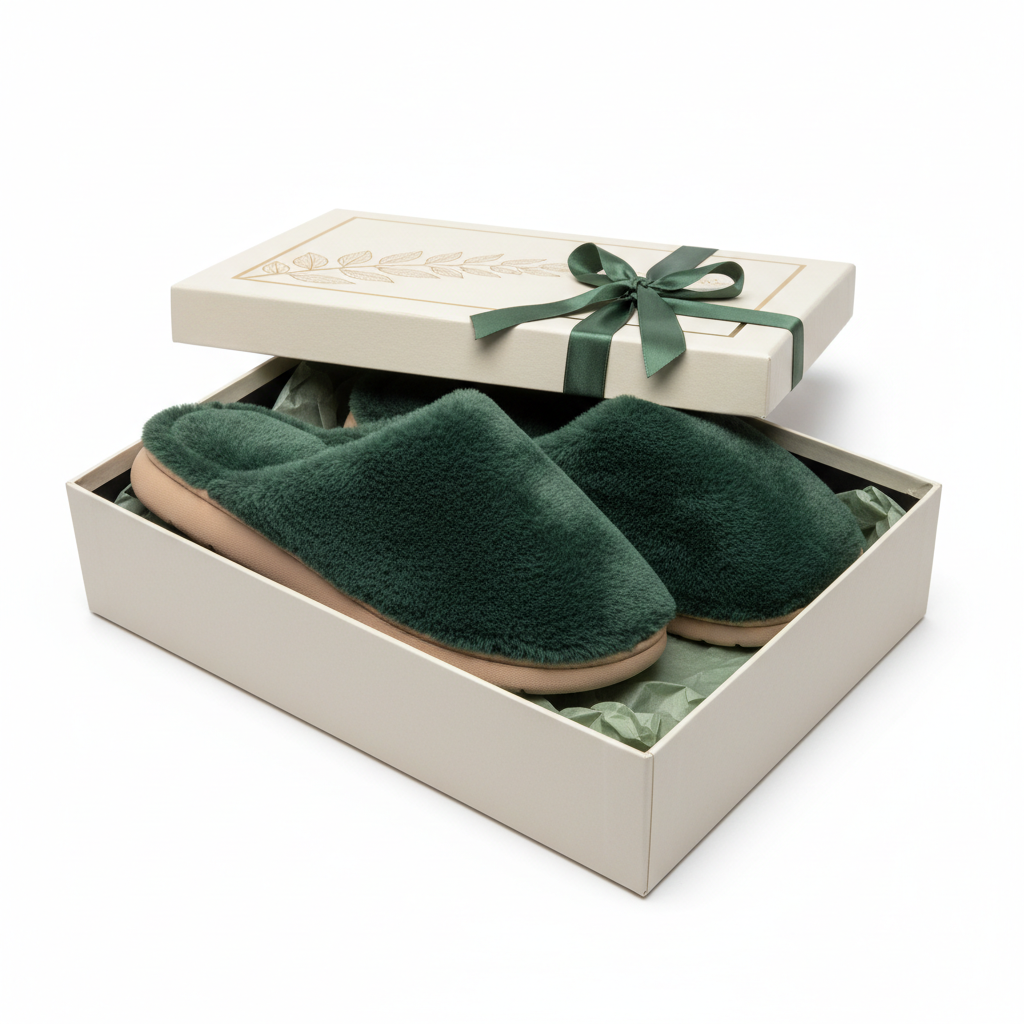Forest Green Fluffy Home Slippers - Packaging