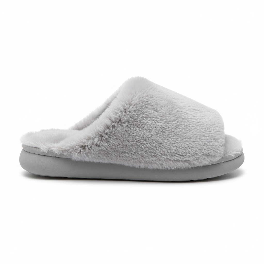 Light Gray Fluffy Home Slippers - Side View