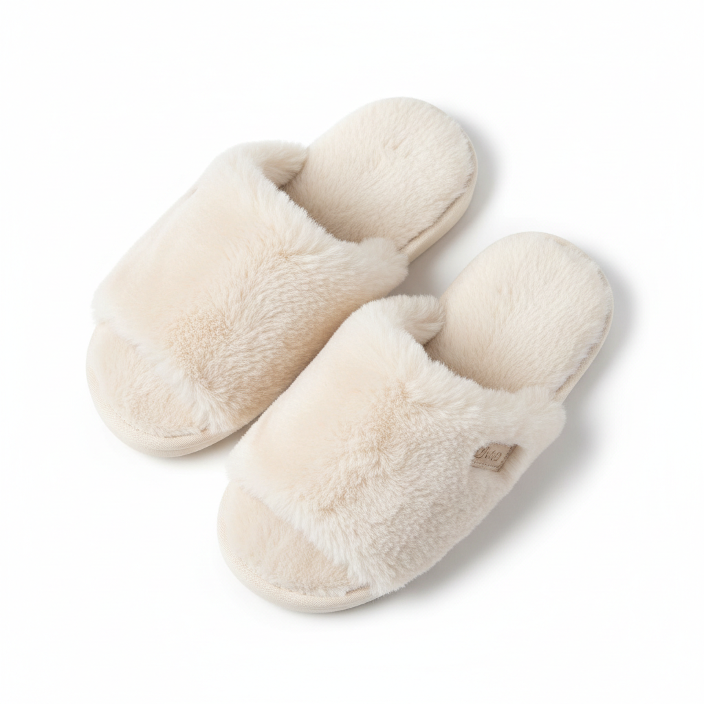 Cream White Fluffy Home Slippers - Top View
