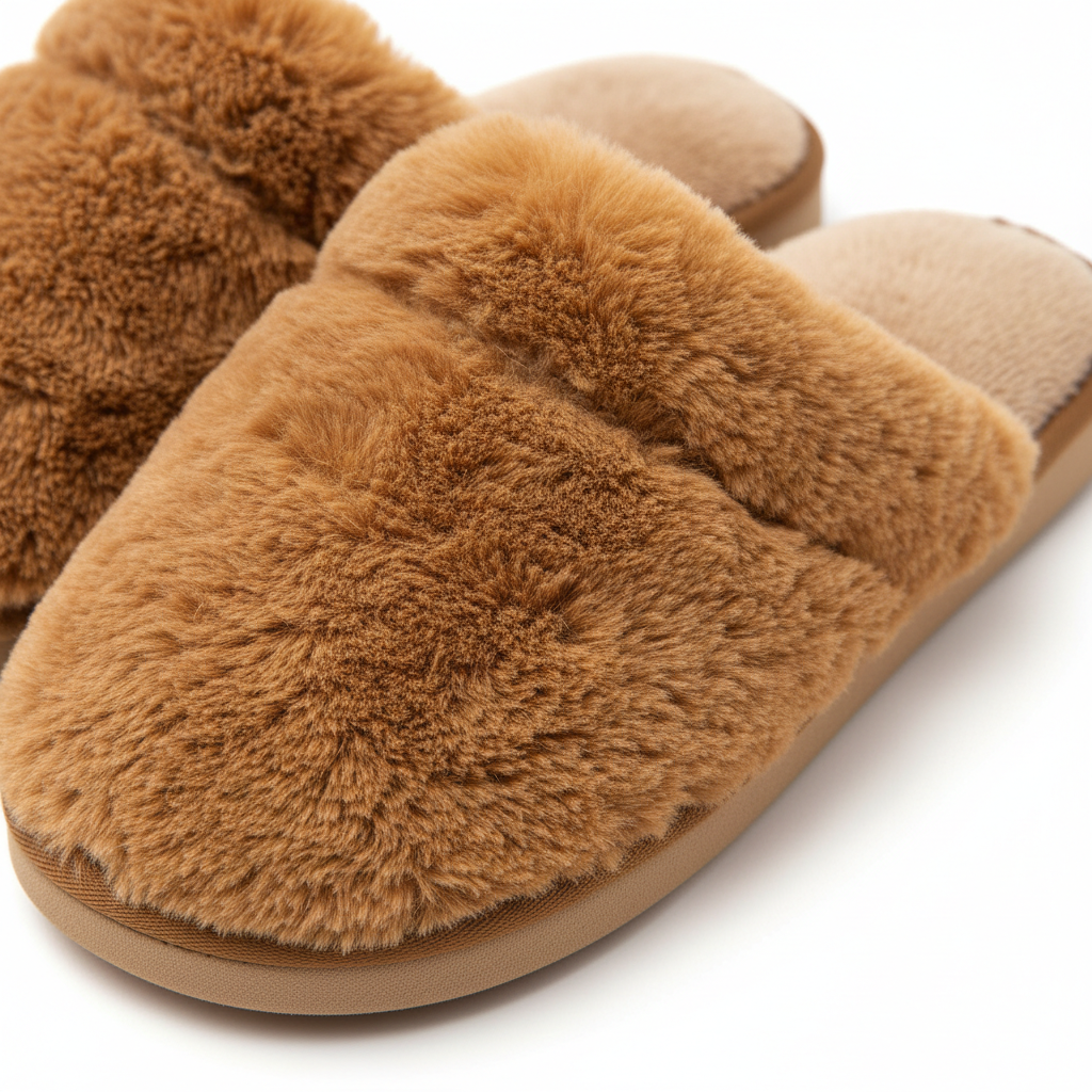 Caramel Brown Fluffy Home Slippers - Detail