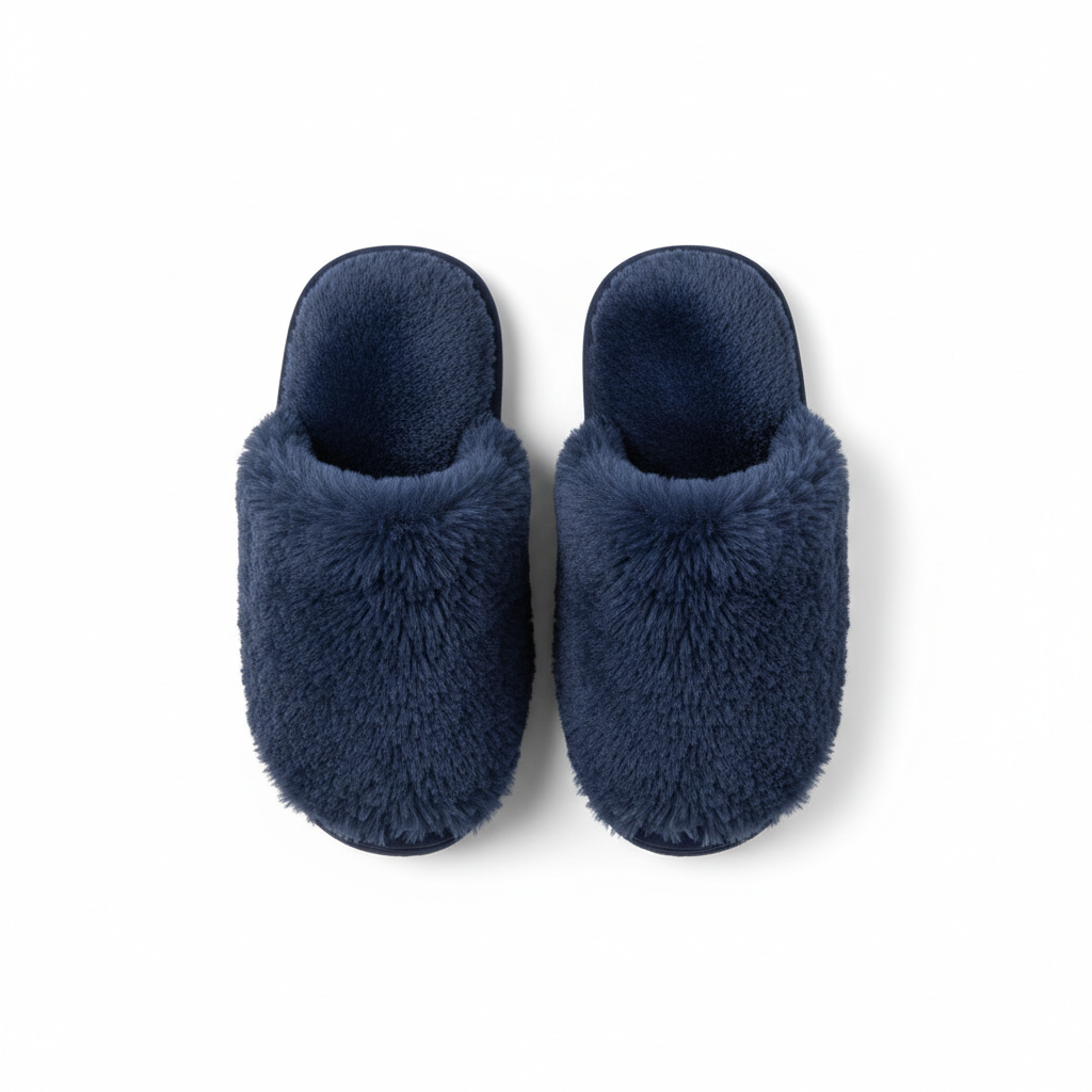 Navy Blue Fluffy Home Slippers - Top View