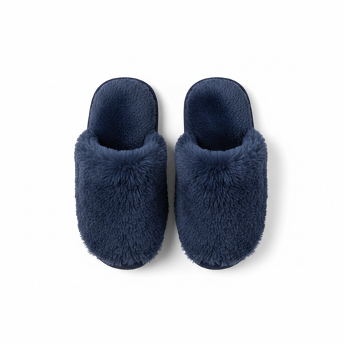 Navy Blue Fluffy Home Slippers - Top View