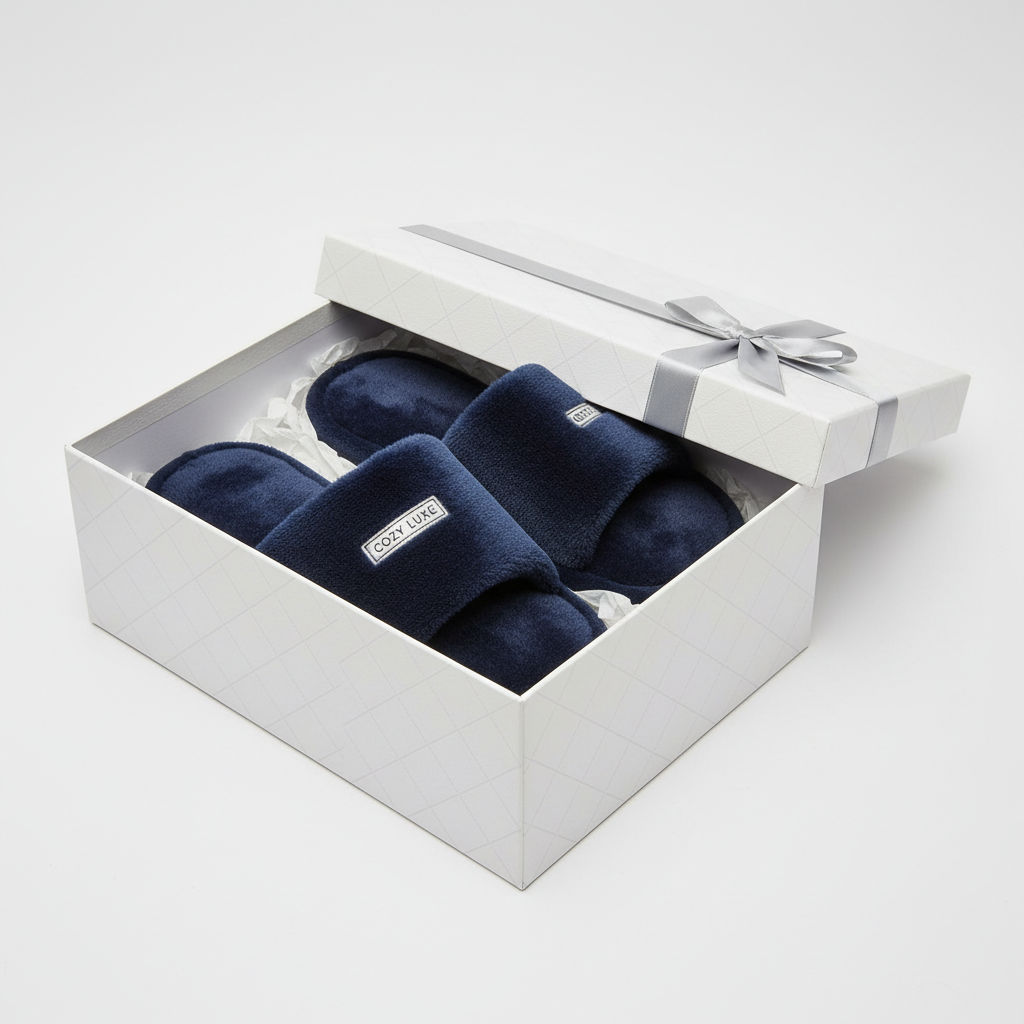 Navy Blue Fluffy Home Slippers - Packaging