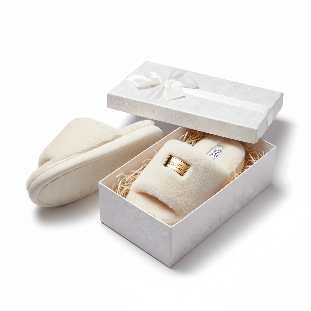 Cream White Fluffy Home Slippers - Packaging